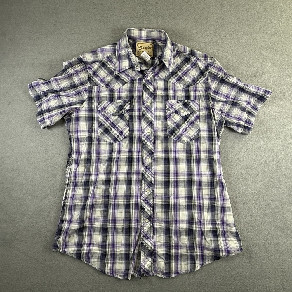 Wrangler Shirt Mens Large Purple Plaid Metallic Striped Short Sleeve Pearl Snap